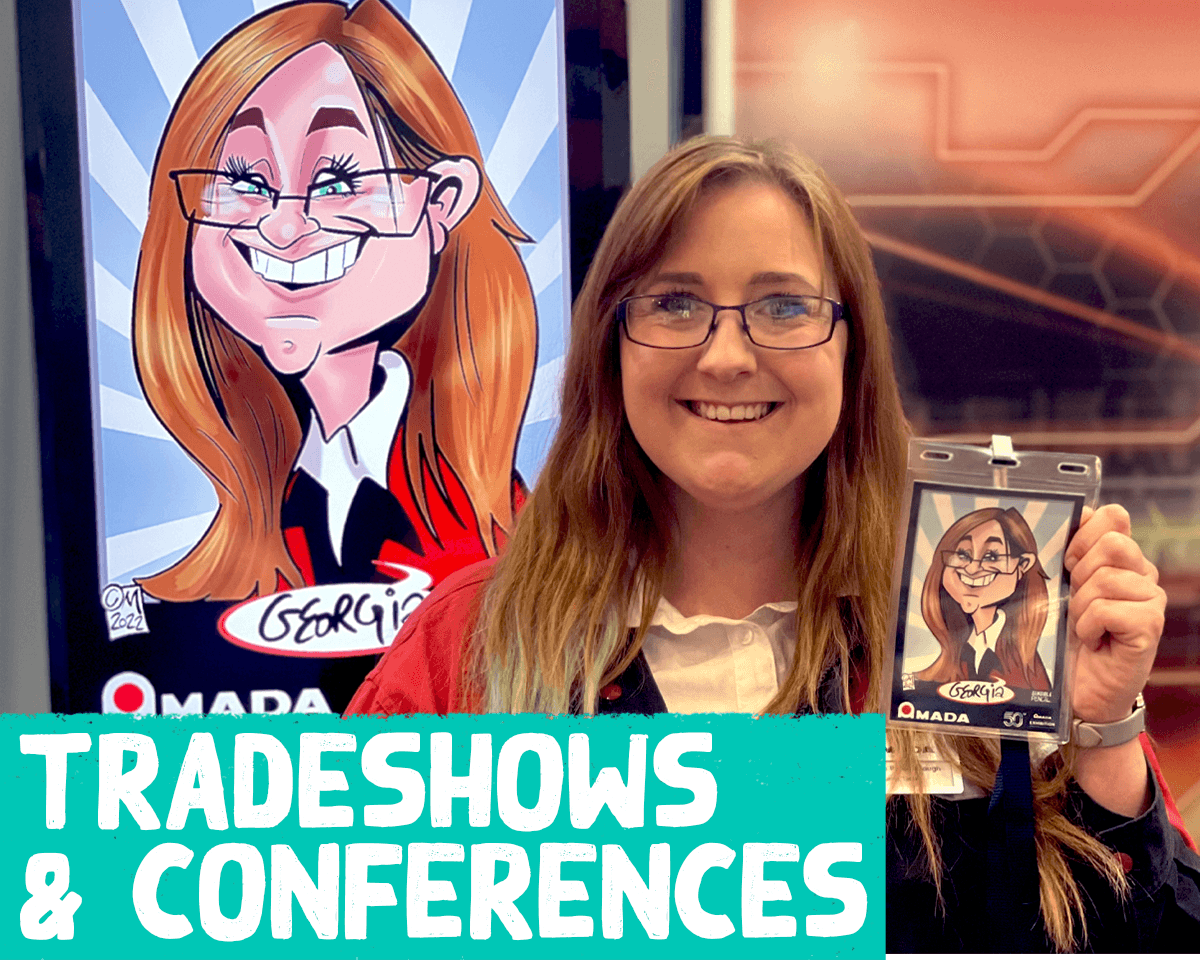 Digital caricature artist creating branded drawings at a conference and trade show stand in London