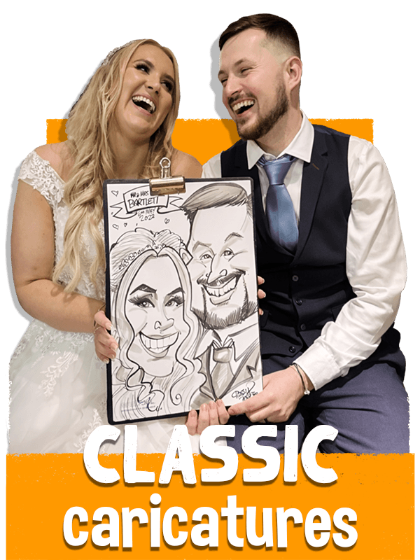caricature artist drawing traditional pen and paper caricatures at wedding