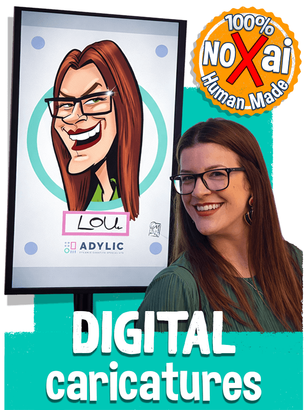 live digital caricature artist drawing guests on iPad at corporate event