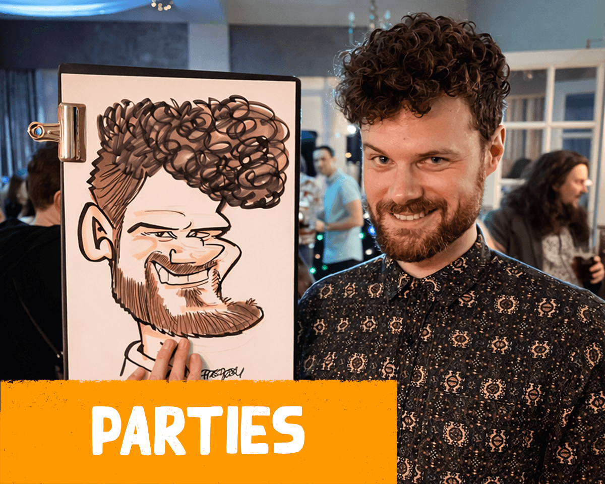 Live caricature artist drawing guests at a private party celebration