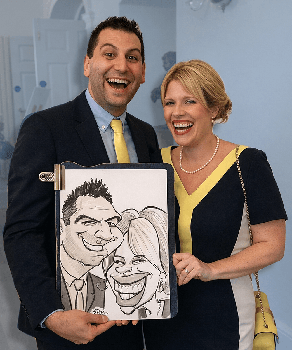Wedding guests laughing with excellent caricature