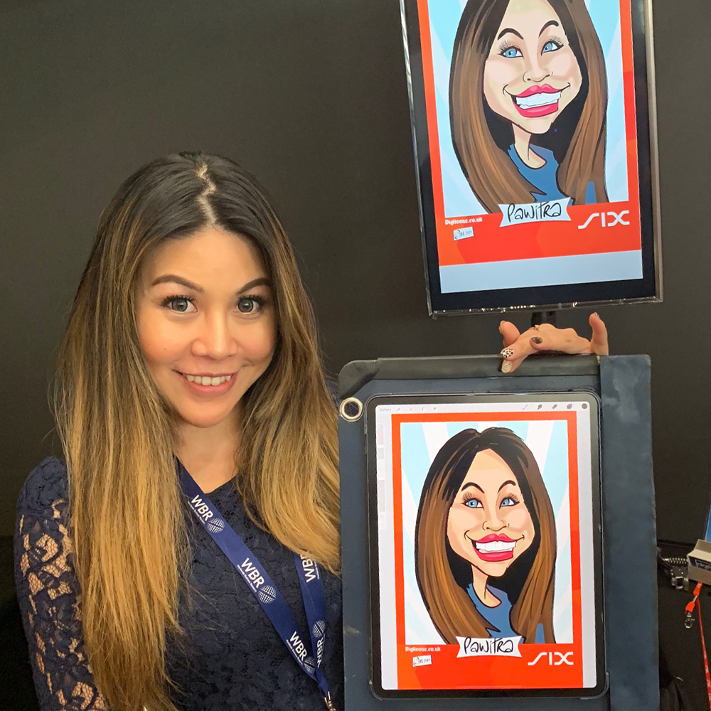 Custom-branded-digital-artwork-for-events Branded digital caricature example with custom logo and themed background for event