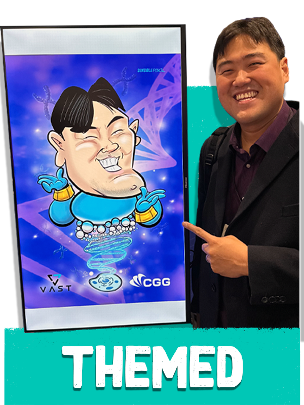 Digital-caricature-with-themed-background-at-exhibitions-UK Digital caricature with customised branded background created live at exhibition stand