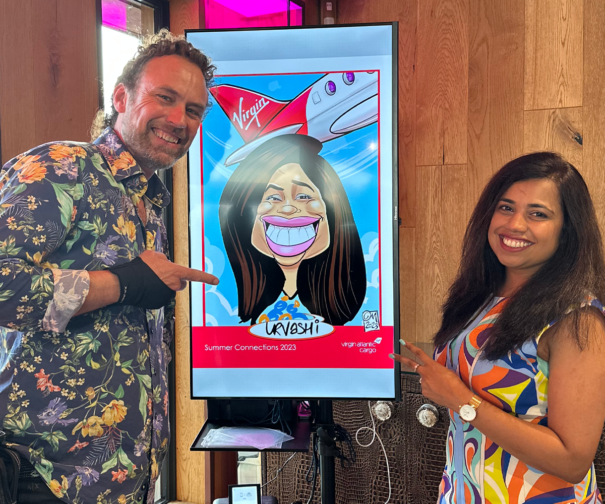 Digital-caricatures-for-brand-activations-and-marketing-events Branded digital caricature artist creating customised live artwork at brand activation
