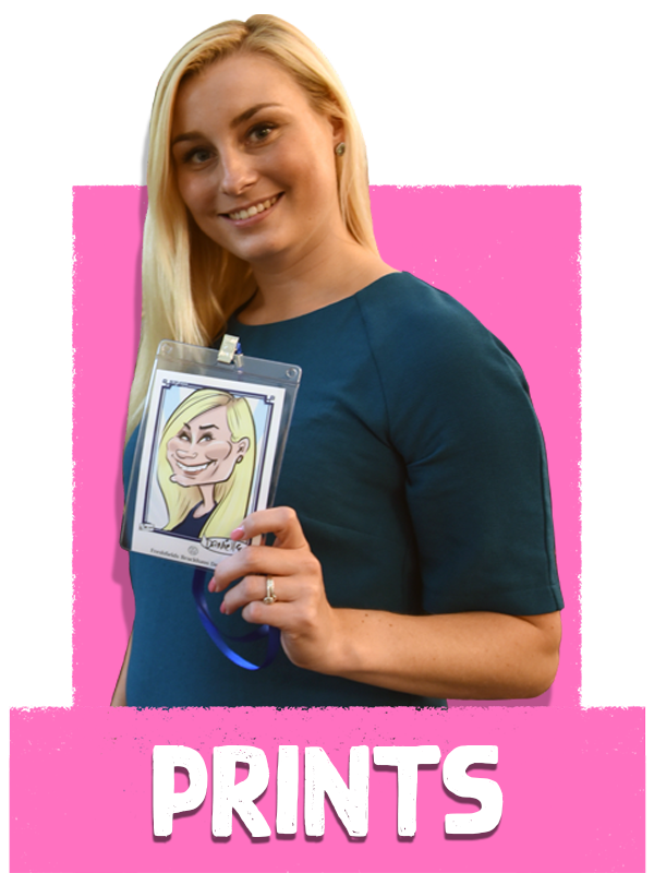 Digital-caricatures-with-customised-prints-for-event-giveaways-UK Branded printed digital caricature being handed to guest at corporate event
