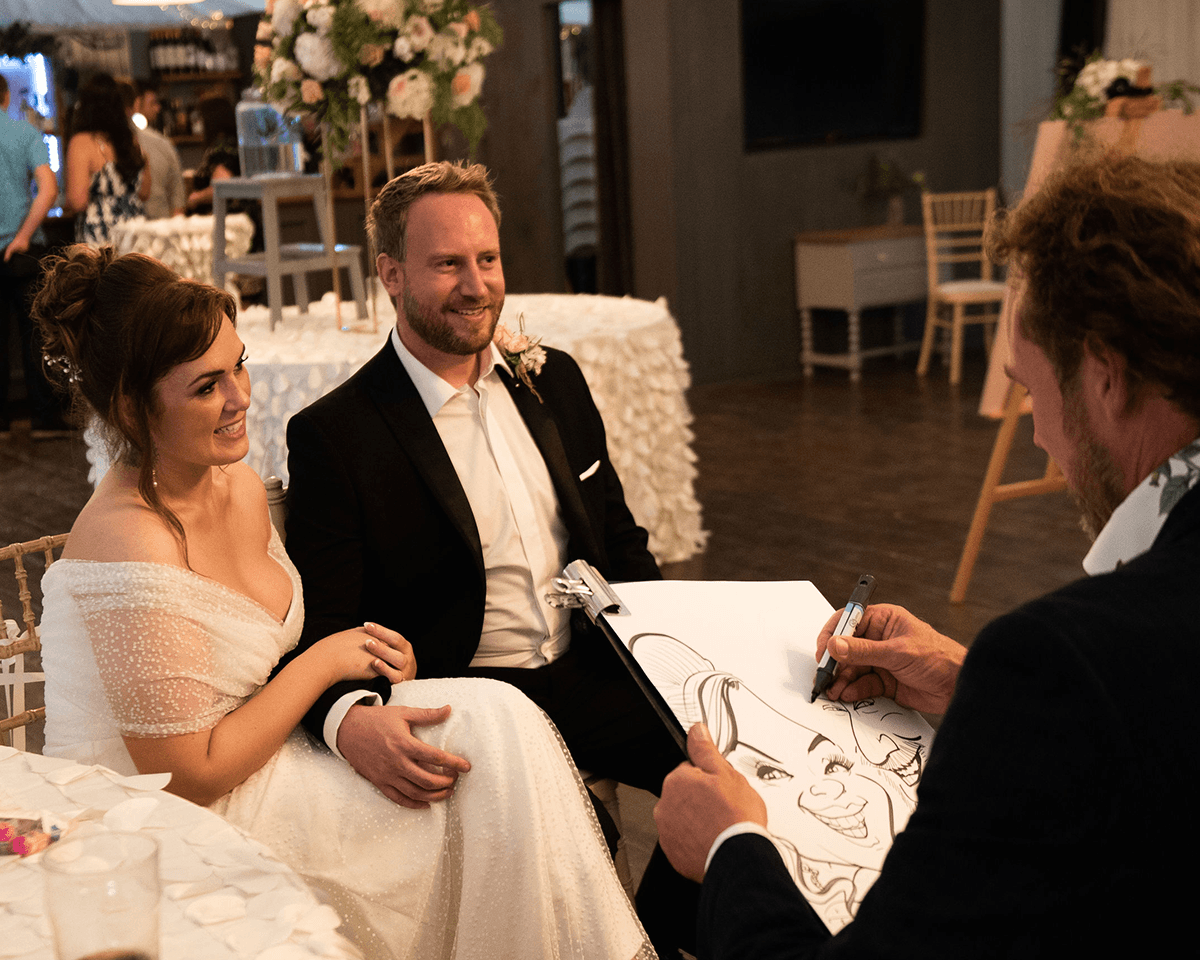 Bride and groom drawn at their evening party