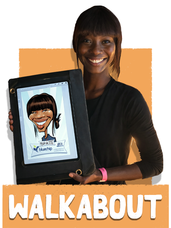iPad-caricatures-for-roaming-corporate-entertainment-London Digital caricature artist drawing roaming among guests at a corporate event