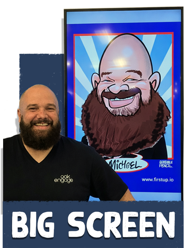 iPad-caricatures-with-big-screen-display-for-trade-shows-London Live digital caricature displayed on large screen attracting a crowd at a trade show stand