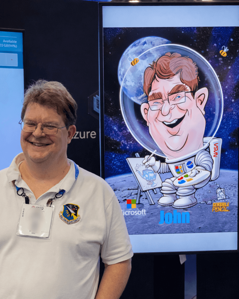 Trade show delegate with NASA themed digital caricature