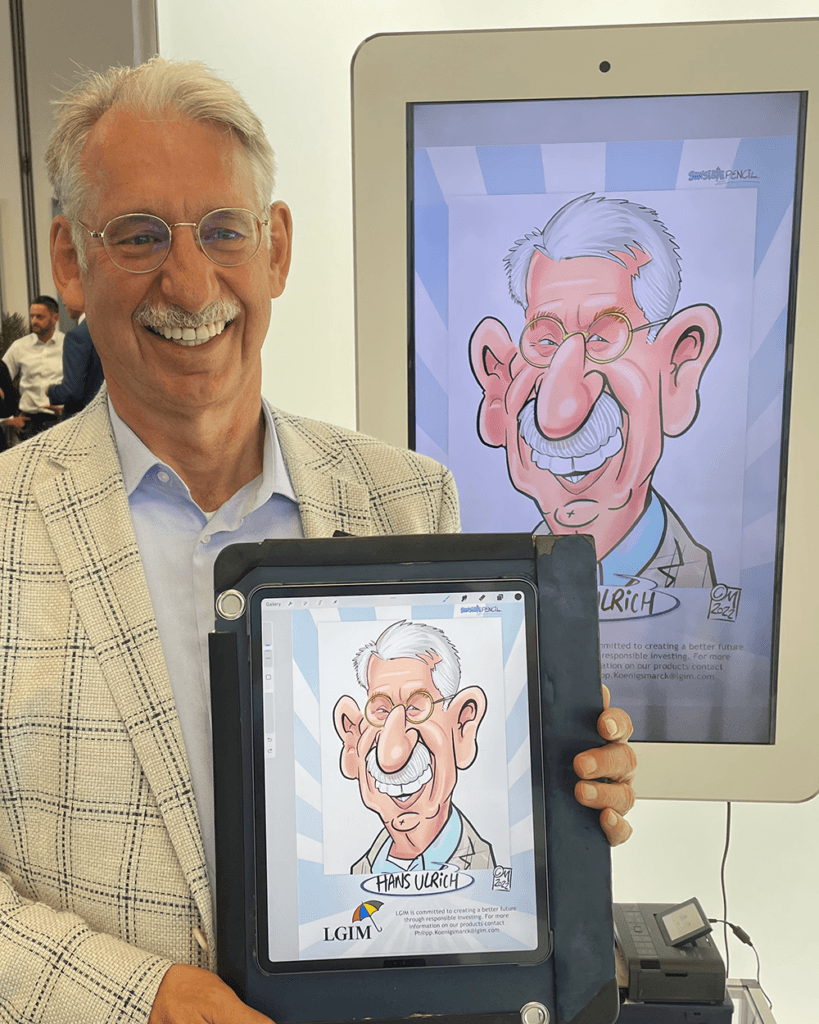 Man holding iPad with digital caricature