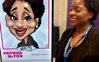 Insurance conference delegate with her digital caricature