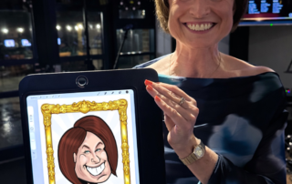 Corporate event guest with her iPad caricature