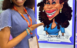 Business event exhibition with digital caricatures