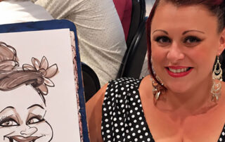 Smiling-Woman-with-caricature-at-a-dinner-Event-S Dinner party guest with caricature