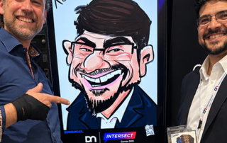 Two-men-at-a-caricature-booth-trade-show-S Sales conference caricature